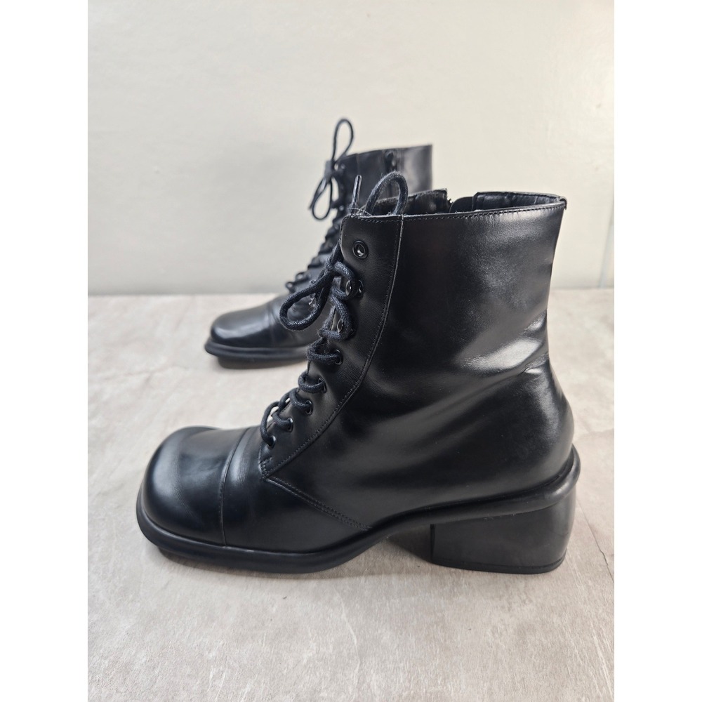 90s Grunge Combat Boots 7 Black Leather Square Toe Lace Up Block Heel Y2K Goth